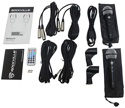 Rockville RPG2X12 PA Speaker System - Dual 12 Inch Powered Speakers, 8-Channel Mixer with Bluetooth, Adjustable Stands, 2 Wired Microphones, Cables - size: 12"