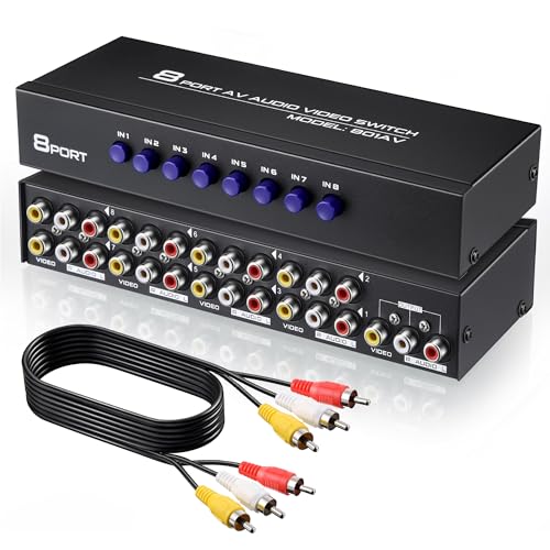 8 Way AV Switch, RCA Switcher with 4 FT RCA Cable, 8 in 1 Out | Composite Video L/R Audio Selector Box, 8 Port AV Selector Switch Plug & Play for DVD STB Console, Yellow/White/Red Connector - size: 8.5 x 3.2, style: 8 in 1 Out