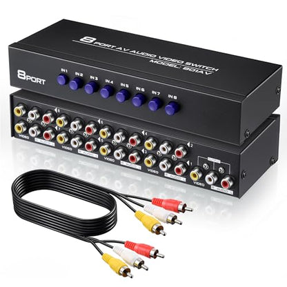 8 Way AV Switch, RCA Switcher with 4 FT RCA Cable, 8 in 1 Out | Composite Video L/R Audio Selector Box, 8 Port AV Selector Switch Plug & Play for DVD STB Console, Yellow/White/Red Connector - size: 8.5 x 3.2, style: 8 in 1 Out