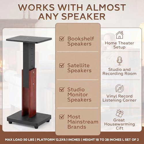 2 Pcs Height Adjustable Speaker Stands 18 to 28 Inches Heavy Duty 50 Lbs Wood Vinyl Record Player Stands Pair for Studio Housewarming Home Decoration