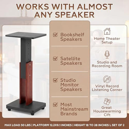 2 Pcs Height Adjustable Speaker Stands 18 to 28 Inches Heavy Duty 50 Lbs Wood Vinyl Record Player Stands Pair for Studio Housewarming Home Decoration