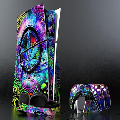 PlayVital Full Set Skin Sticker for ps5 Slim Console Disc Edition (The New Smaller Design), Vinyl Skin Decal Cover for ps5 Controller & Headset & Charging Station & Media Remote - Psychedelic Leaf - color: Psychedelic Leaf