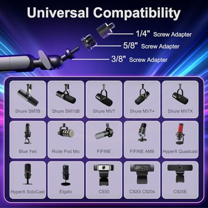 Aqdocvf Microphone Boom Arm - Heavy Duty Low Profile Metal Mic Arm Stand | Sturdy Microphone Arm with Desk Clamp & Cable‑Management, for Shure SM7B‑MV7, Blue Yeti, AT2020, Podcast, Gaming & Streaming