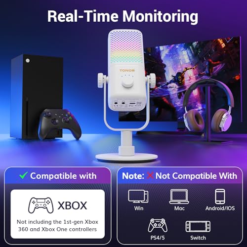 TONOR Gaming Microphone Compatible with Xbox, RGB Condenser Streaming Mic, Low Noise, Gain Control, One Tap Mute, Compatible with Capture Card, 200 cm/78inch Cable, Desktop Stand, White, TCX3 - color: White, style: Microphone