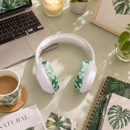 Fanfanwin 2 Pairs Monstera Leaf Flex Fabric Headphones Covers Green Stretchable Washable Ear Cup Protectors Sweat Resistant Ear Pad Sleeves Headphone Accessories for Gym Library Gaming 3.54inch - style: Monstera Leaf