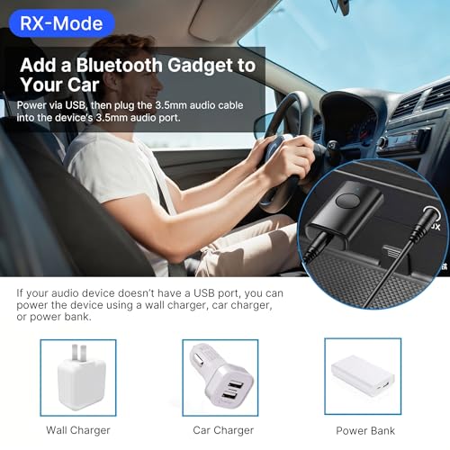 AUX Bluetooth Adapter for Car, 2-in-1 Wireless Audio Receiver and Transmitter, Bluetooth 6.0 to 3.5mm Dongle with Noise-Canceling Mic for Home Stereo, TV, PC, USB Powered
