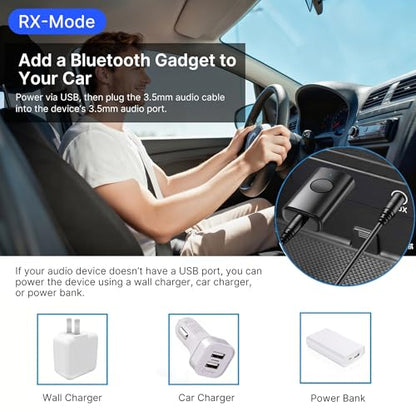AUX Bluetooth Adapter for Car, 2-in-1 Wireless Audio Receiver and Transmitter, Bluetooth 6.0 to 3.5mm Dongle with Noise-Canceling Mic for Home Stereo, TV, PC, USB Powered