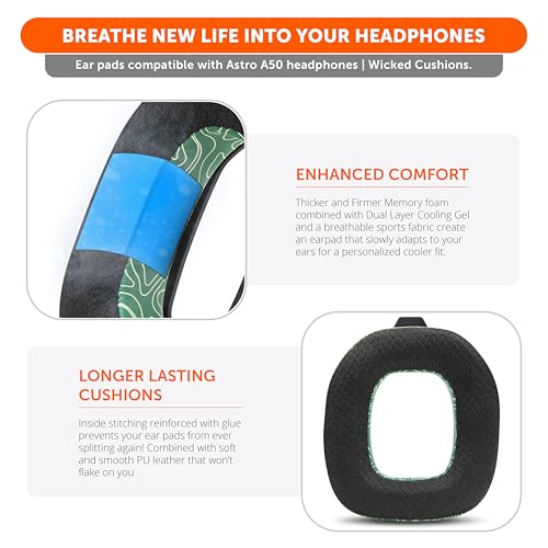 WC Mod Kit A50 - Earpads & Headband for Astro A50 Gen 4/5 / A50x | Made by Wicked Cushions | Cooling Gel Earpads and Matching Headband that offer Enhanced Comfort & Durability | Emerald Tide - color: Emerald Tide
