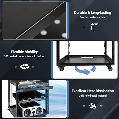 15U Open Frame Server Rack, Wall-mountable IT Rack w/Swivel Casters, 2 Rack Shelves, Top & Bottom Panels, Network Rack for Stereo/Computer/Data/IT/AV Equipment, 19.7”L x 18.8”W x 32.3”H - size: 15U