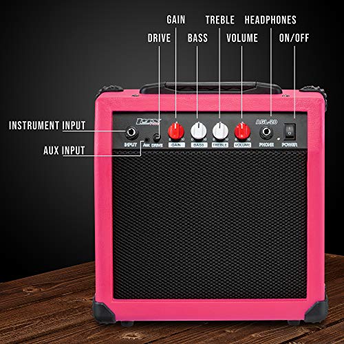 LyxPro Electric Guitar Amp 20 Watt Amplifier Built in Speaker Headphone Jack and Aux Input Includes Gain Bass Treble Volume and Grind - Pink - color: Pink, size: 20 Watt