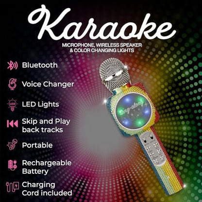 Sing-Along Bling Bluetooth Karaoke Microphone with LED for Karaoke Speaker | Rechargeable Bedazzled Microphone, Wireless Karaoke Microphone with LED Lights, SD Card Slot, Skip Tracks - Confetti Bling - color: Rainbow Bling