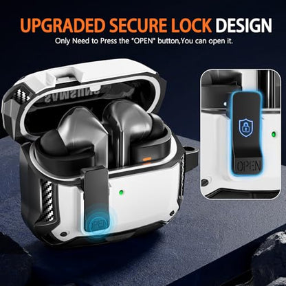 Safety Lock Case for Samsung Galaxy Buds3 FE/3/3 Pro (White) | with Phone Stand,with Secure Lock Clip & Cleaning kit Full Body Shockproof Carbon Fiber Protection Design - color: C-white