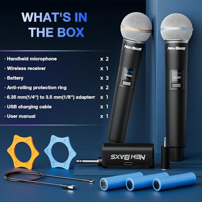 Wireless Microphone, Rechargeable Dual Cordless Handheld Dynamic Wireless Mics,NEWBAXS Karaoke Microphones with 1/4'' Output for Karaoke, Meeting, Singing, Church, Wedding