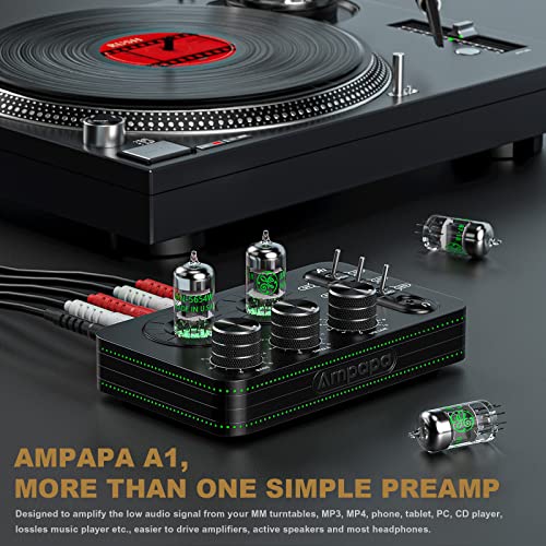 A1 Vacuum Tube Phono Preamp, Headphone Amp, Hi-Fi Audiophile Preamplifier for MM Turntable Record Player with Tone Control for Home Stereo Audio System