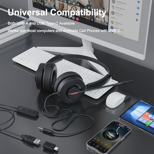 MAIRDI 마이크가 있는 USB 헤드셋, 7.1 서라운드 사운드, USB-A/타입 C/3.5mm 3-in-1 유선 헤드셋, 마이크 노이즈 캔슬링 및 음소거 포함, 노트북 홈 워크 오피스 콜센터 팀 줌용 컴퓨터 헤드폰 - color: 블랙.