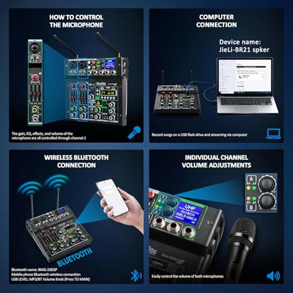 R4-PROS 4 Channel Karaoke Mixer with 2 Wireless Microphones, Bluetooth Audio Mixer Sound Board, Independent Dual Mic Volume Control, USB Mixer for Home KTV, Party, Live Streaming, Podcast