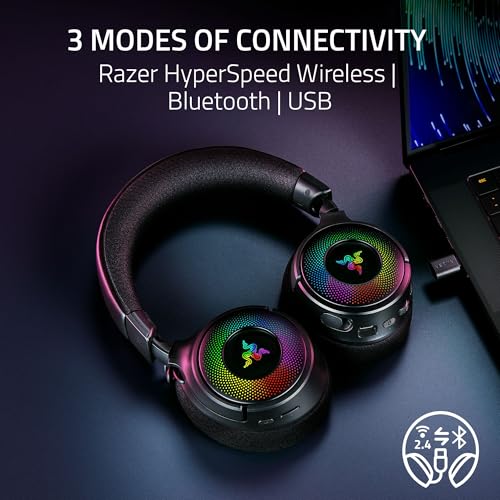 Razer Kraken V4 무선 게이밍 헤드셋: 2.4GHz, 블루투스, USB - 슈퍼 와이드밴드 마이크 - 40mm 드라이버 - 9존 RGB 조명 - PC, 맥, PS5, 닌텐도 스위치, 스팀 데크, 스마트폰용 - 블랙 (리뉴얼)