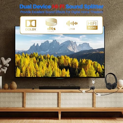 Digital Optical Adapter Splitter 1 in 2 Out, Toslink Digital Audio Fiber Optic Cable Splitter 1x2 for Soundbar, Headphones,TVs -with 2 Optical Audio Cables 6 Feet - color: Straight Plug