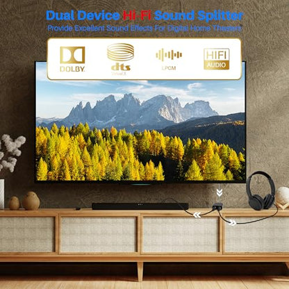 Digital Optical Adapter Splitter 1 in 2 Out, Toslink Digital Audio Fiber Optic Cable Splitter 1x2 for Soundbar, Headphones,TVs -with 2 Optical Audio Cables 6 Feet - color: Straight Plug