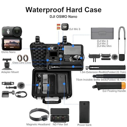 Lekufee Portable Waterproof Hard Case for DJI Osmo Nano, Standard Combo (64GB / 128GB) - Vlogging Camera, DJI Mic 3/2/Mini, More Accessories(Case Only)