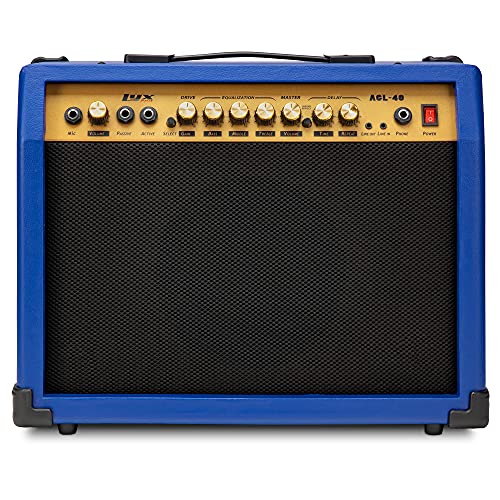 LyxPro 40 Watt Electric Guitar Amplifier | Combo Solid State Studio Amp with 8” 4-Ohm Speaker, Custom EQ Controls, Drive, Delay, ¼” Passive/Active/Microphone Inputs, Aux In & Headphone Jack - Blue - color: Blue, size: 40 Watt