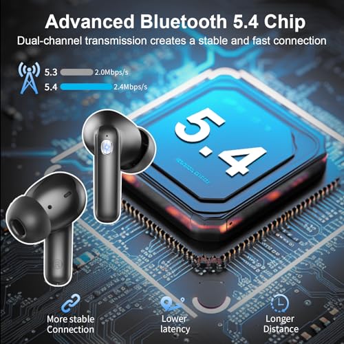 2026 Wireless Earbuds 5.4, Bluetooth Headphones HiFi Stereo, 50H Playtime | In-Ear Headphones with 4 ENC Noise Cancelling Mics, IP7 Waterproof Wireless Headphones, Earbuds for iOS/Android, LED Display - color: Midnight Black