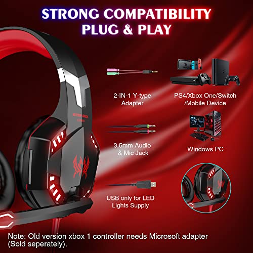 VersionTECH. G2000 Gaming Headset, Bass Surround Gaming Headphones with Noise Cancelling Mic, LED Lights, Soft Memory Earmuffs for PS5/ PS4/ Xbox One Controller/Laptop/PC/Mac/Nintendo NES Games-Red - color: Red