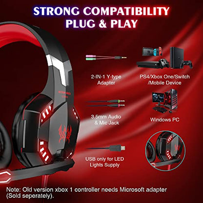 VersionTECH. G2000 Gaming Headset, Bass Surround Gaming Headphones with Noise Cancelling Mic, LED Lights, Soft Memory Earmuffs for PS5/ PS4/ Xbox One Controller/Laptop/PC/Mac/Nintendo NES Games-Red - color: Red