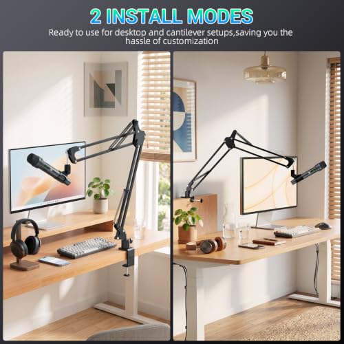 Mic Boom Arm, 1/4 3/8 5/8" Low Profile Microphone Stand, Cable Management | 360° Rotatable, Desk Mount Clamp, Heavy Duty Metal Black, Spring Damping, Streaming, Gaming, Recording, Podcasting, Studio