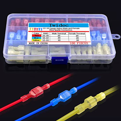 Twidec/100PCS Nylon Spade Connectors Kit 22-10 Gauge Male and Female Wire Spade Terminal Quick Disconnect Fully Insulated Wire Crimp Connector for Automotive Marine - color: Multicoloured Nylon 100PCS