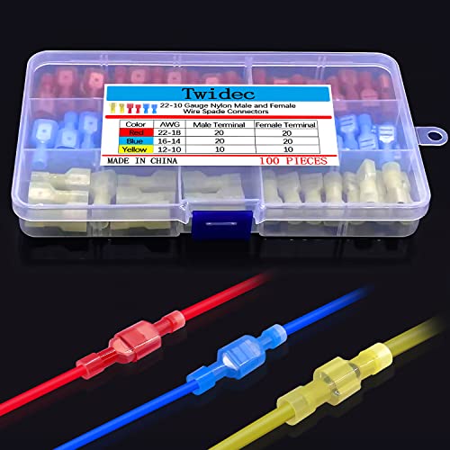 Twidec/100PCS Nylon Spade Connectors Kit 22-10 Gauge Male and Female Wire Spade Terminal Quick Disconnect Fully Insulated Wire Crimp Connector for Automotive Marine - color: Multicoloured Nylon 100PCS