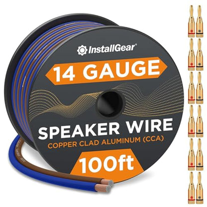 100ft 14 Gauge Speaker Wire with 12 Banana Plugs - Copper Clad Aluminum Cable for Clear Audio Sound - Easy-Install Car Speaker Wire and Home Theater Setup with Blue Black Jacket - size: 14 Gauge (CCA) - 100 Ft