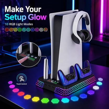 PS5 Stand with Hexagon RGB Aesthetics,PS5 Cooling Station for PlayStation 5 Slim Pro Disc Digital Console with Cooling Fan,Dual Controller Fast Charger USB Hub Headset Holder Game Storage (Black)