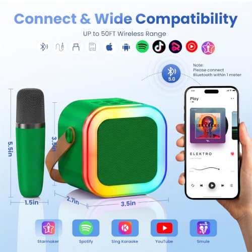 Mini Karaoke Machine, Portable Bluetooth Speaker & 2 Wireless Microphones | Karaoke Player Karaoke Microphone For Family Home Party Outdoor With HI-FI Sound | 5 Magic Sound | PA System | USB | TF | AUX - color: Dark Green