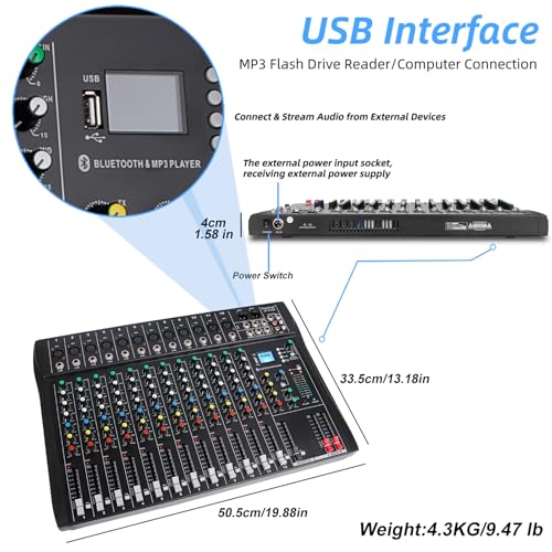 Depusheng DT12 Studio Audio Mixer 12-Channel DJ Sound Controller Interface w/USB Drive for Computer Recording Input, XLR Microphone Jack, 48V Power, RCA Input/Output for Professional and Beginners