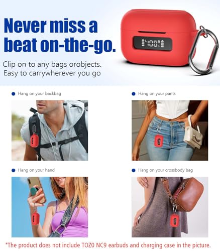 for TOZ0 NC9(2024) Case Cover, Silicone Protective Battery Display Visible Design Cover ONLY for TOZO NC9 Hybrid Active Noise Cancelling Wireless Earbuds 2024 Version with Carabiner-Red - color: Red