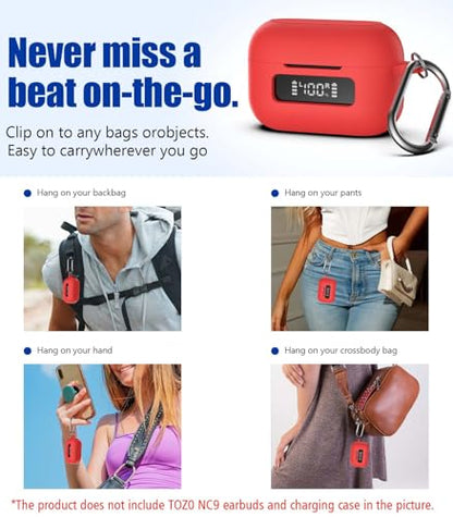 for TOZ0 NC9(2024) Case Cover, Silicone Protective Battery Display Visible Design Cover ONLY for TOZO NC9 Hybrid Active Noise Cancelling Wireless Earbuds 2024 Version with Carabiner-Red - color: Red