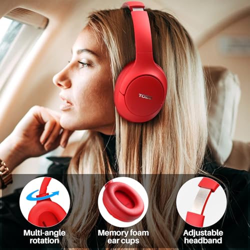 TOZO Hybrid Active Noise Cancelling Headphones, Hi Res Audio | Wireless Over Ear Bluetooth Headset, 60H Playtime, Custom EQ via App Deep Bass Comfort Fit Ear Cups, for Home Office Travel - color: Red