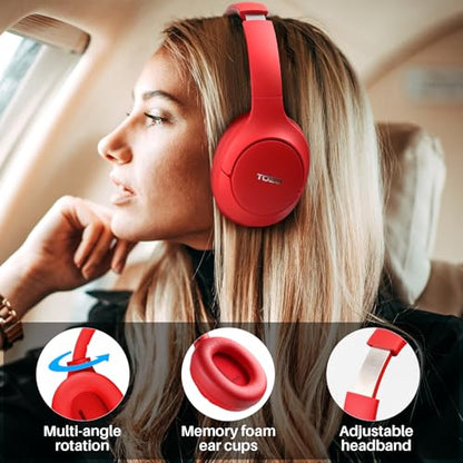TOZO Hybrid Active Noise Cancelling Headphones, Hi Res Audio | Wireless Over Ear Bluetooth Headset, 60H Playtime, Custom EQ via App Deep Bass Comfort Fit Ear Cups, for Home Office Travel - color: Red