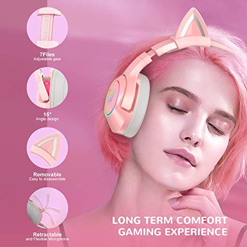 PHNIXGAM Pink Girl Gaming Headset for PS4, PS5, Wired Over-Ear Headphones with Detachable Cat Ears, Noise Cancelling Microphone, RGB Backlight, Surround Sound for PC
