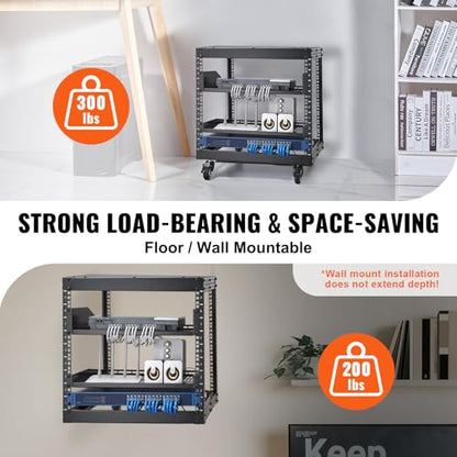 VEVOR 9U Open Frame Server Rack, 23''-40'' Adjustable Depth, Free Standing or Wall Mount Network Server Rack, 4 Post AV Rack with Casters, Holds All Your Networking IT Equipment AV Gear Router Modem - size: 9U