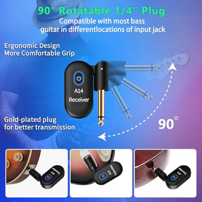 A14 Wireless Guitar System, 2.4GHz Rechargeable Transmitter Receiver, 24-bit 48KHz Audio, 100ft Range, Plug and Play, Compatible with Electric Guitar & Bass Accessories (1TX+1RX) - color: 1TX+1RX