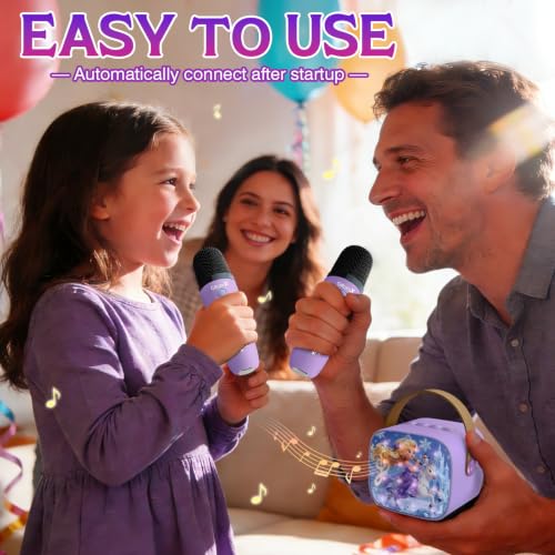 Mini Karaoke Machine for Kids with LED Lights & Fun Voice Effects | Portable Bluetooth Speaker with 2 Wireless Mics,Girls Birthday Gifts Toys for Ages 3-12 Years Old,Family Party Singing & Play - color: Purple