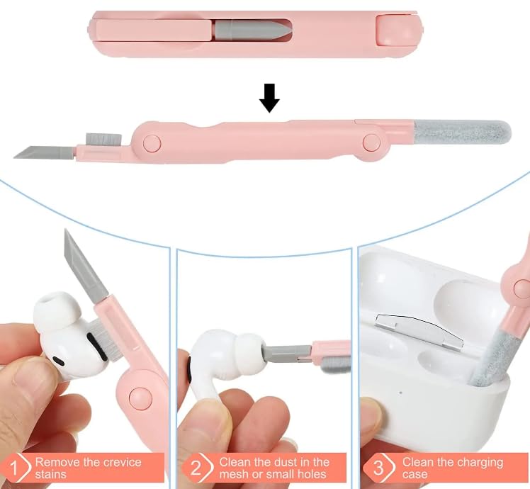 7 in 1 Cleaning Tools Kit for Airpods Pro 1 2 3 Multi-Function Cleaning Pen with Soft Brush Flocking Sponge for Bluetooth Earphones Earbuds & in-Ear Headphones Case Cleaner ﻿ (Pink) - color: Pink