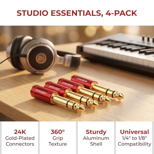 MOBOREST 1/4" Male to 3.5mm Female TRS Jack Headphones adapte, Red -4PCS | 6.35mm Male to 3.5mm Female adapter Pure Copper connectors for lossless TRS sound, guitar amp, piano, keyboard, mixer, studio - color: 4RED