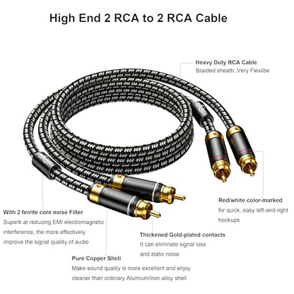 Audiophiles RCA Cable 6.5FT(2M), 2 RCA Male to 2 RCA Male Braided HiFi System Silvered-Plated Copper core with ferrite cores - size: 6.5 Feet