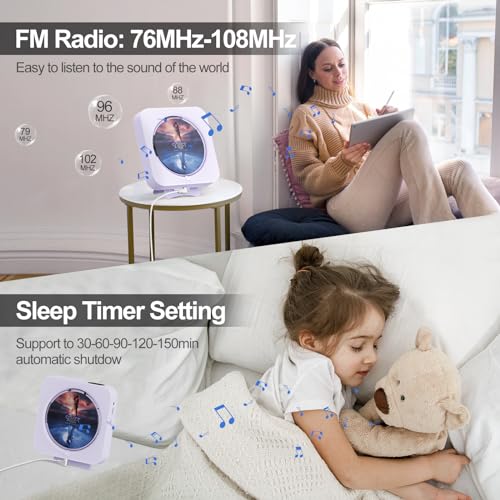 MICOCIOUS Portable CD Player with Bluetooth Desktop CD Player for Home CD Music Players with Remote Control,Timer,Built-in Dual Speakers with LED Display Home Audio Boombox FM Radio (Purple) - color: Purple
