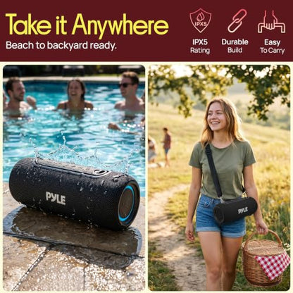 Pyle Portable Bluetooth Speaker - RGB LED, IPX5 Waterproof, TWS Stereo Pairing, USB/AUX/FM, Built-in Mic, USB-C Charging, 7H Battery, Shoulder Strap - Party, Outdoor, Travel, Home - PBTPSP25BK