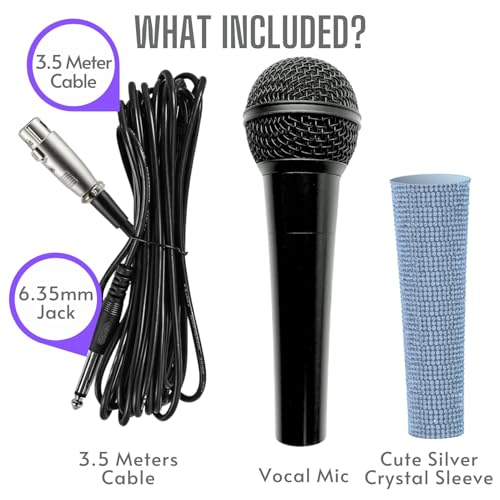 Silver Wired Dynamic Vocal Microphone and Rhinestone Cover | Dynamic Wired Mic With XLR Cable & Built-In Pop Screen, Bedazzled Crystal Cover Support Bright Live Vocals Or Karaoke