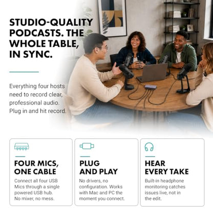 Movo 4-Person USB Podcast Equipment Bundle – 4 Condenser Mics, Hub & Case - color: Black